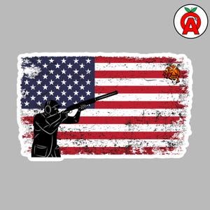 American Flag Trap Skeet Sporting Clays Shooter, Vinyl Bubble-Free Sticker, Clay Pigeon Shooting Gift, Shotgun Sports Decal