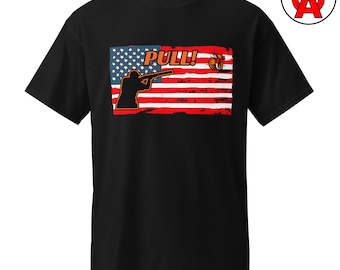 Camiseta unisex DryBlend para adultos, ideal para tiro al plato, para tirador de foso, para tiro al plato, con diseño de bandera estadounidense.