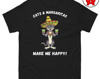 Cats and Margaritas T-Shirt, Whimsical Cat Lover Unisex Shirt, Fiesta Vibes Graphic Tee, Cat in Sombrero Short Sleeve Top, Ring Spun Cotton