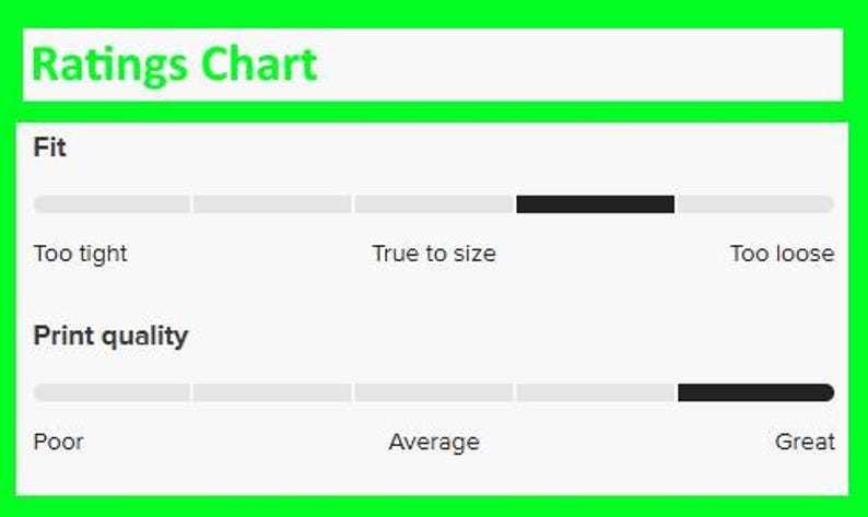 May include: A white Ratings Chart with a green border. The chart includes two rating scales: Fit and Print quality. The Fit scale shows a black bar indicating "True to size". The Print quality scale shows a black bar indicating "Great".