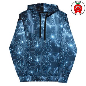 Könnte beinhalten: Blauer Kapuzenpullover mit einem Leiterplattenmuster. Das Design besteht aus hellblauen Linien und leuchtenden blauen Punkten, die eine technikinspirierte Ästhetik erzeugen. Der Hoodie hat eine Kapuze mit Kordelzug und eine Kängurutasche.