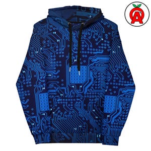 Könnte beinhalten: Ein marineblauer Kapuzenpullover mit einem blauen Leiterplattenmuster. Der Hoodie hat einen schwarzen Kordelzug und eine schwarz gefütterte Kapuze. Das Design ist ein sich wiederholendes Muster aus blauen Linien und Formen auf einem dunkelblauen Hintergrund.