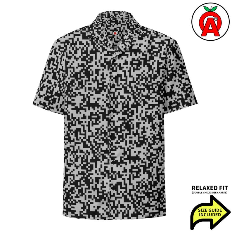 QR Code Barcode Data Matrix Pattern, Adult Unisex All-Over Relaxed Fit Button Up Hawaiian Shirt, Moisture Wicking UPF50+ Material, Tech Gift