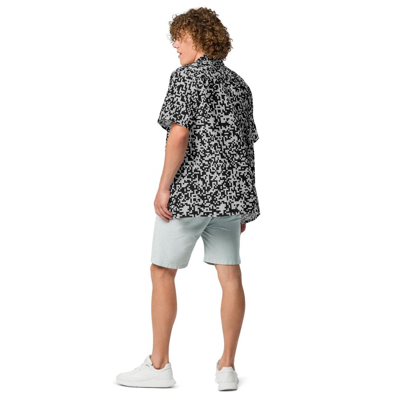 QR Code Barcode Data Matrix Code Pattern, Adult Unisex All-Over Relaxed Fit Button Up Hawaiian Shirt, Moisture Wicking UPF50+ Material, Tech