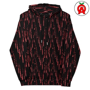 Peut inclure: Sweat à capuche noir avec un motif de pluie numérique rouge. Le sweat-shirt à capuche est doté d'une poche avant et d'une capuche à cordon de serrage. Le motif est un motif répétitif de caractères rouges sur fond noir.