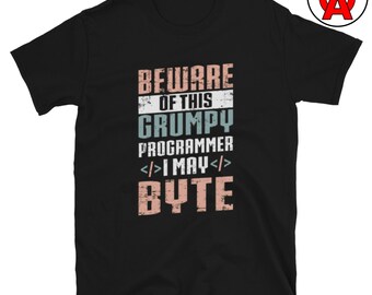 T-shirt voor een chagrijnige programmeur, T-shirt met Byte-graphic, klassiek T-shirt voor programmeurs, casual top voor ontwikkelaars, T-shirt met ronde hals en technische humor, unisex T-shirt voor nerds