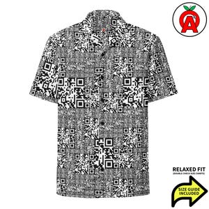 QR Code Unisex Shirt, Barcode Hawaiian Shirt, Matrix Aloha Shirt, Data Beach Shirt, Recycled Camp Collar, Scanner Present