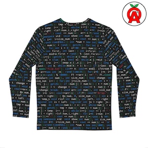 May include: Black long-sleeve shirt with a repeating pattern of colorful code snippets. The text includes programming terms and symbols, creating a tech-inspired design. The shirt has a crew neck and is made of a soft material.