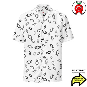 Jesus Fish Ichthus Ichthys Pattern, Adult Unisex All-Over Relaxed Fit Button Up Hawaiian Shirt, Recycled Polyester, Moisture Wicking Materia