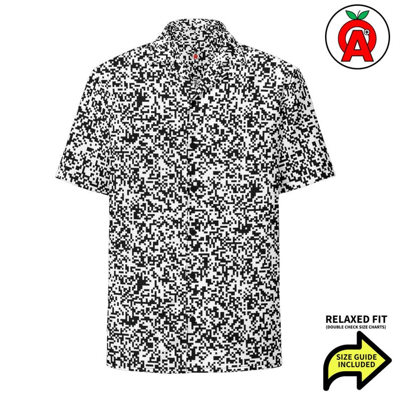 QR Code Barcode Data Matrix Pattern, Adult Unisex All-Over Relaxed Fit Button Up Hawaiian Shirt, Moisture Wicking UPF50+ Material, IT Gift