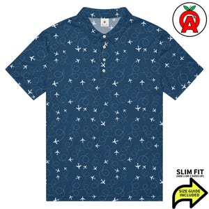 Airplane Pattern Adult Men’s All-Over Slim Fit Polo Shirt, Pilot Gift, Aviation Shirt, Aerospace Top, Plane Lover Outfit