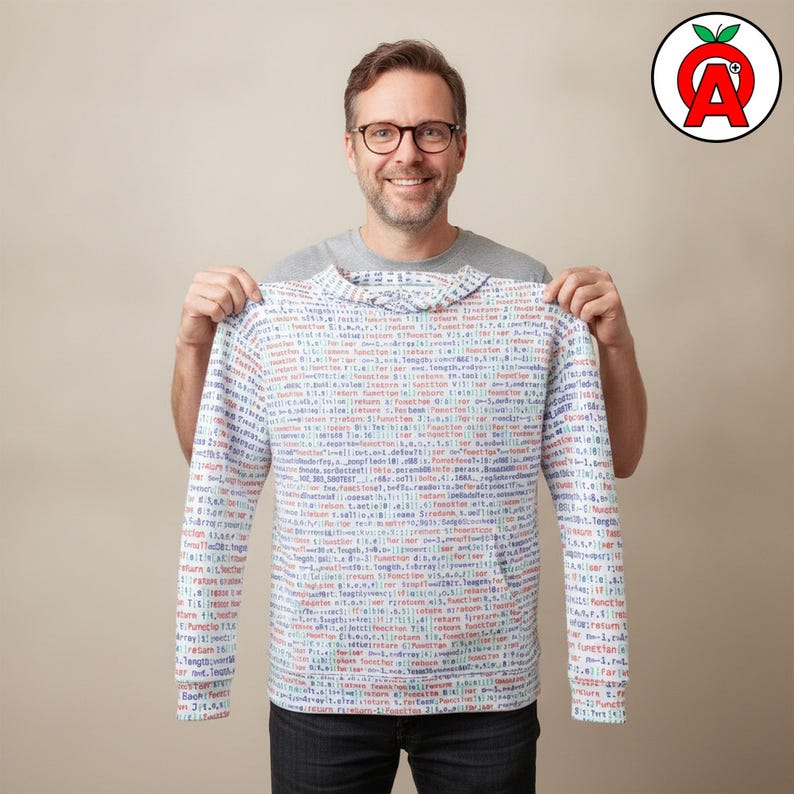 A male programmer in his 40s with a startup aesthetic wearing Computer Programming Code Graphic Hoodie, Coding Pattern Pullover, Developer Cozу Sweater, Software Engineer Unisex Top