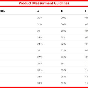 Peut inclure: Un tableau de directives de mesure de produit dans un format de tableau blanc avec des bordures rouges. Le tableau comprend des &eacute;tiquettes de taille de 2XS &agrave; 6XL, avec des mesures correspondantes en pouces pour les colonnes A, B et C. Le texte "Product Measurement Guidelines" est en haut.
