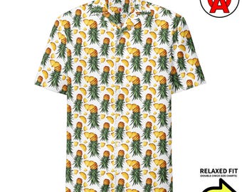 Upside Down Ananas Swinger Signal Muster, Unisex All-Over Relaxed Fit Button Up Hawaiihemd, feuchtigkeitsableitendes UPF50 + Material