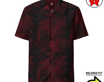Hawaiiaans shirt met digitale code, Aloha-shirt met binaire code, programmeershirt met knoopsluiting, cyberpunk-campshirt, hacker strandshirt