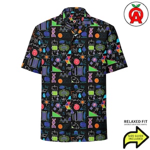 Science Biology Chemistry, Adult Unisex All-Over Relaxed Fit Button Up Hawaiian Shirt, Moisture Wicking UPF50+ Material, STEM Gift