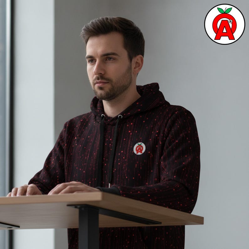 A male software engineer in his late 20s wearing the hoodie while working at a standing desk showing off Binary Code AOP Hoodie, Computer Programming Unisex Top, Digital Matrix Graphic Pullover, Hacker Aesthetic Soft Sweater