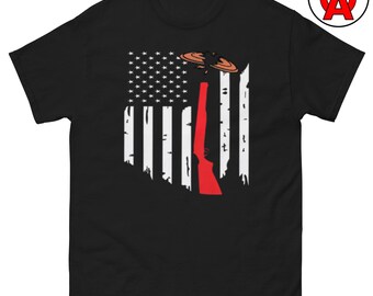 Flag Shotgun T-Shirt, Broken Clay Pigeon Graphic Tee, Trap Shooting Unisex Shirt, Skeet Shooter Gift, Sporting Clays Crew Neck