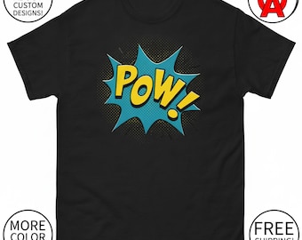 Maglietta Pow Comic Book, maglietta grafica da supereroe, top casual in stile pop art audace, maglietta girocollo retrò, maglietta unisex d'azione