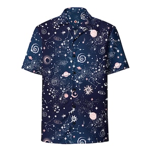 Space Hawaiian Shirt, Galaxy Short Sleeve Button Down, Stars Relaxed Fit Shirt, Planets Button Up, Quick Dry, UPF50+ Material