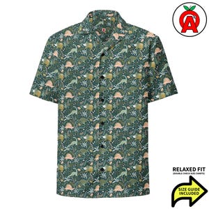 Dinosaur Pattern Hawaiian Shirt, Dino Button Down, Paleontology Aloha Shirt, Tropical Button Up, Prehistoric Beach Top, Nature Camp Shirt