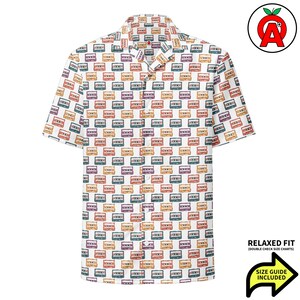 Camisa hawaiana unisex para adultos, con estampado de cinta de casete estéreo, corte relajado y botones, poliéster reciclado, transpirable.