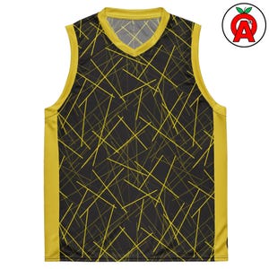Geometric Pattern Basketball Jersey, Abstract Lines Athletic Tank Top, Yellow Black Sport Jersey, Modern Angular Weightlifting Shirt