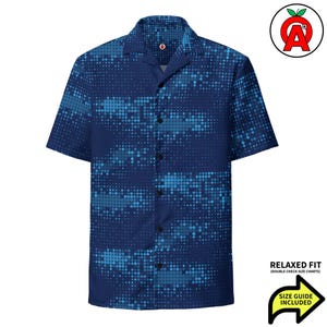 Uniseks pixelshirt, digitaal Hawaiiaans shirt, computer Aloha-shirt, patroon strandshirt, gerecyclede kampkraag, codeercadeau