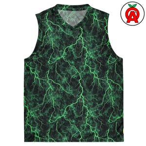 Green Lightning Pattern, All-Over Adult Unisex Jersey, Basketball Practice Jersey, Gym Workout Shirt, Crossfit Gift, Streetball Apparel