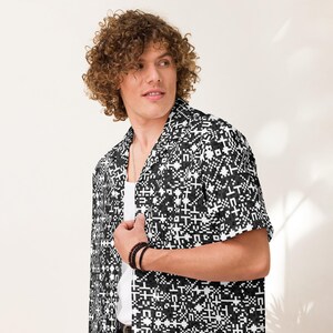 QR Code Barcode Data Matrix Pattern, Adult Unisex All-Over Relaxed Fit Button Up Hawaiian Shirt, Moisture Wicking UPF50+ Material Tech Gift