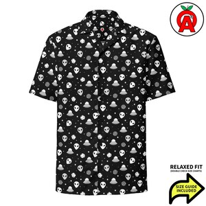 Camisa de moda extraterrestre: camisa hawaiana con botones, estilo ovni extraterrestre, única para fanáticos de la ciencia ficción y entusiastas de Halloween. Camisa hawaiana con botones, ajuste relajado.