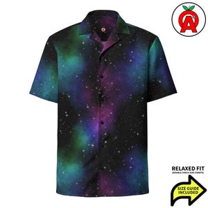 May include: A short-sleeved button-down shirt with a galaxy print in shades of blue, purple, and green. The shirt has a relaxed fit and a camp collar. The text "RELAXED FIT" and "SIZE GUIDE INCLUDED" are visible.