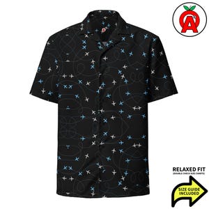 Vibrant Airplane Pattern Hawaiian Button-Up Shirt for Travelers & Pilots Button Up Hawaiian Shirt Relaxed Fit Button Up