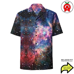 Cosmic Nebula Outer Space Stars Pattern, Adult Unisex All-Over Relaxed Fit Button Up Hawaiian Shirt