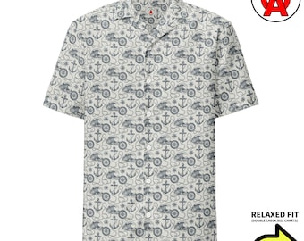 Nautical Ocean Sea Hawaiian Shirt Button Down, Anchor Compass Aloha Shirt, Sailor Boat Camp Shirt, Boater Button Up