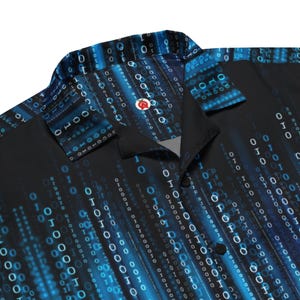 Matrix Code Binary Programming, Adult Unisex All-Over Relaxed Fit Button Up Hawaiian Shirt, Moisture Wicking UPF50+ Material, Developer Gift