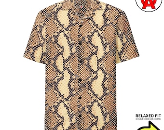 Schlangenhaut Python Reptil Muster, Unisex All-Over Relaxed Fit Button Up Hawaii-Hemd, recyceltes Polyester, Feuchtigkeitstransport