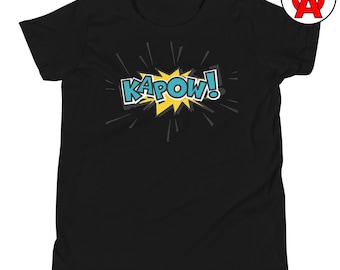Camiseta gráfica de superhéroes de cómic para niños y niñas - Camiseta Ka-Pow de manga corta juvenil - Top unisex de algodón suave