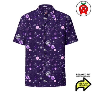 Hawaiihemd mit Weltraummotiv, Galaxie-Hemd, Aloha-Hemd mit Planetenmuster, Kosmisches Hemd, Strandtop mit Astronomiemotiv, Sternen-Camp-Kragen