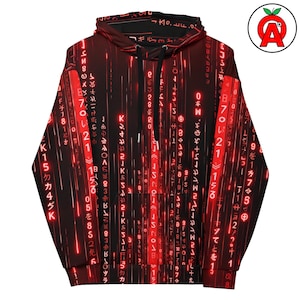 Peut inclure: Sweat à capuche noir avec un motif de pluie numérique rouge. Le motif présente des lignes verticales de caractères et de symboles rouges sur un fond noir. Le sweat à capuche a une capuche à cordon et une poche avant.