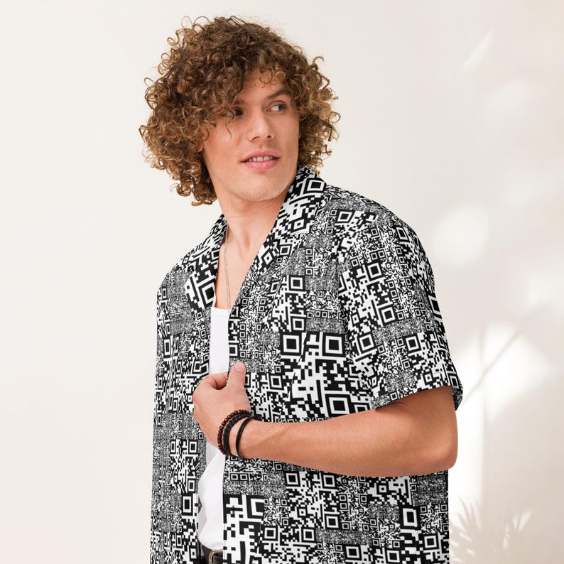 QR Code Barcode Data Matrix Pattern, Adult Unisex All-Over Relaxed Fit Button Up Hawaiian Shirt, Moisture Wicking UPF50+ Material, For Gift