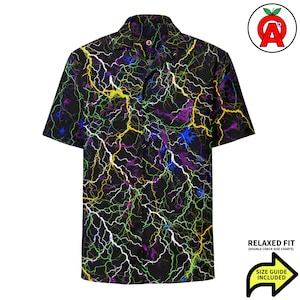Hawaiiaans bliksemschichtshirt, stormknop omlaag, elektrisch knop omhoog, jager korte mouw, donder, uniseks, vonk ontspannen pasvorm, sneldrogend