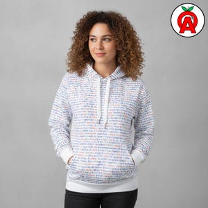 A woman in her 20s studying computer science in college showing off Computer Programming Code Graphic Hoodie, Coding Pattern Pullover, Developer Cozу Sweater, Software Engineer Unisex Top