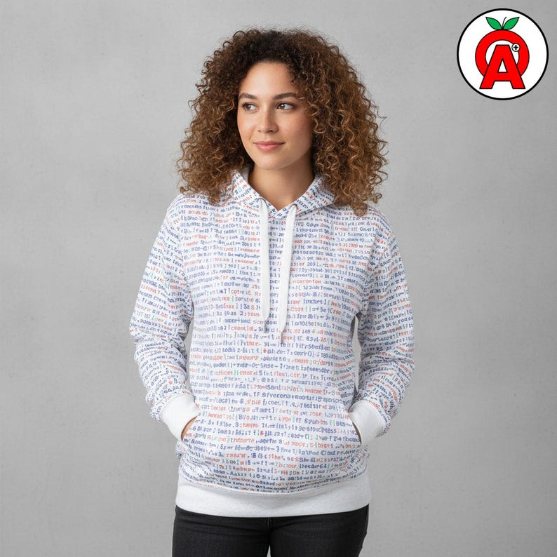 A woman in her 20s studying computer science in college showing off Computer Programming Code Graphic Hoodie, Coding Pattern Pullover, Developer Cozу Sweater, Software Engineer Unisex Top