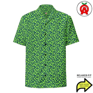Emerald Neon Lime Blaze Inferno Ignite Green Fire Flame Pattern, Adult Unisex All-Over Relaxed Fit Button Up Hawaiian Shirt