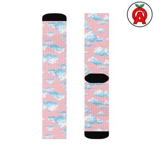 Pink Clouds Crew Socks, Sunrise Novelty Socks, Sky Unisex Footwear, Cloud Watcher Printed Socks, Nature Lover Fun Hosiery