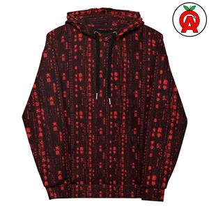 Peut inclure: Un sweat à capuche noir avec un motif de pluie numérique rouge. Le design présente des lignes verticales de caractères et de chiffres rouges, créant un effet de type matrice. Le sweat à capuche a une capuche à cordon et une poche avant.