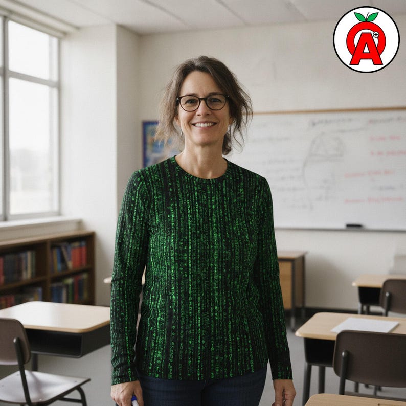 A woman in her 40s who teaches mathematics showing off Digital code, Programmer, Computer science, Math pattern, Cascading characters, STEM