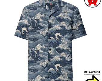 Japanese Great Wave Hawaiian Shirt, Ukiyo-e Button Down, Wave Pattern Aloha Shirt, Ocean Art Camp Shirt, Kanagawa Beach Top