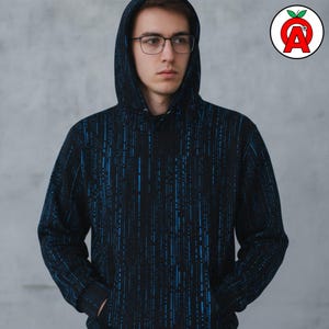 Software engineer with tech-forward style showing off Matrix Binary Code AOP Hoodie, Digital Rain Unisex Top, Cyberpunk Graphic Pullover, Hacker Soft Sweater